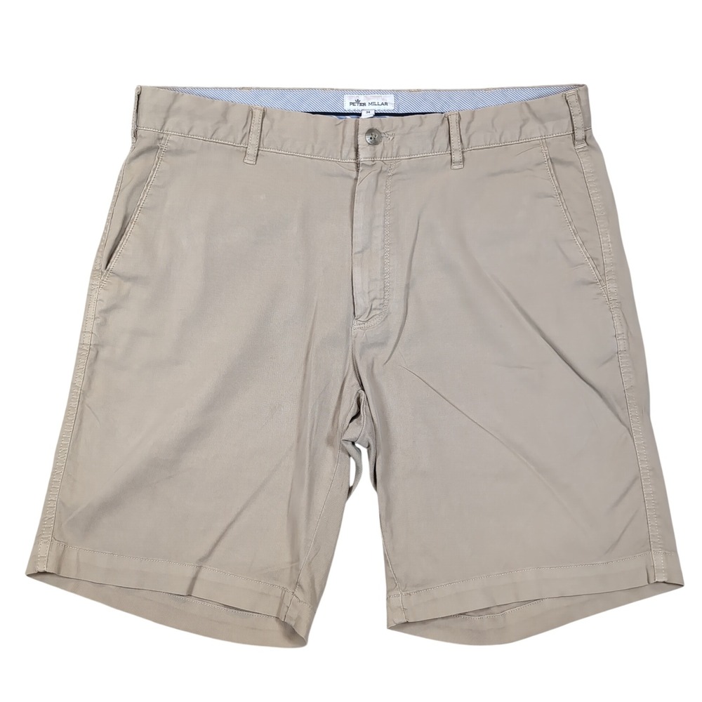 Peter Millar Chino Shorts Mens 34 Tan Cotton Tencel Stretch Flat Front Golf